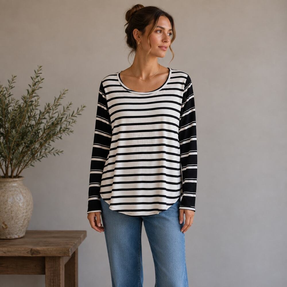 Free People Black & White Stripe Button Cuff Knit Top Small